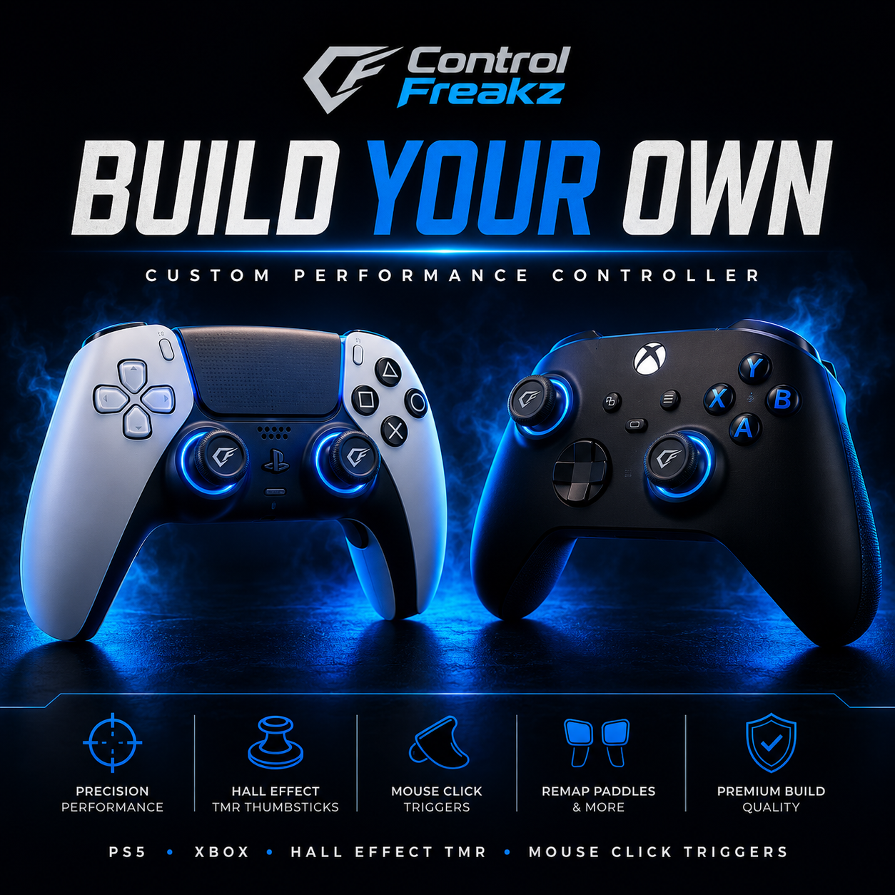 Custom PS5 and Xbox controller UK by Control Freakz featuring Hall Effect TMR thumbsticks, mouse click triggers, rear paddles and competitive gaming upgrades.