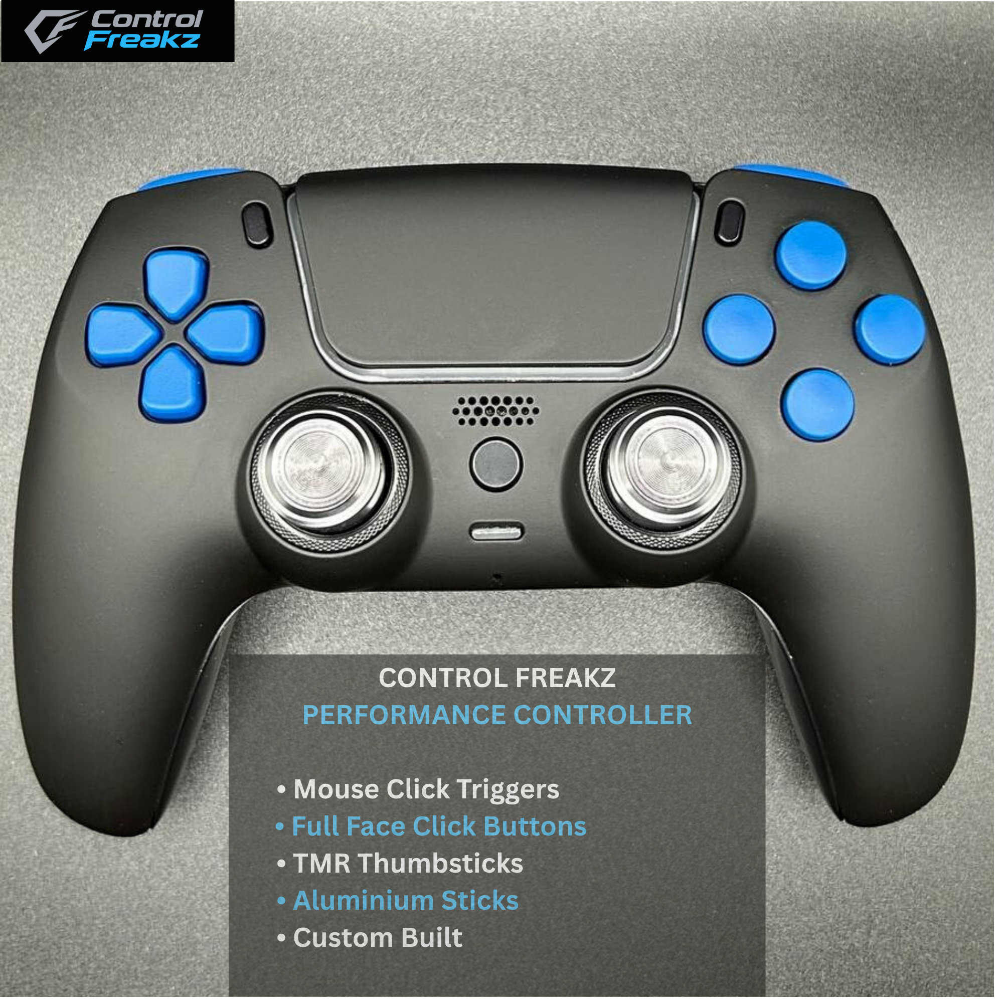 Custom ps5 performance controller UK by Control Freakz featuring Hall Effect TMR thumbsticks, mouse click triggers, rear paddles and competitive gaming upgrades.