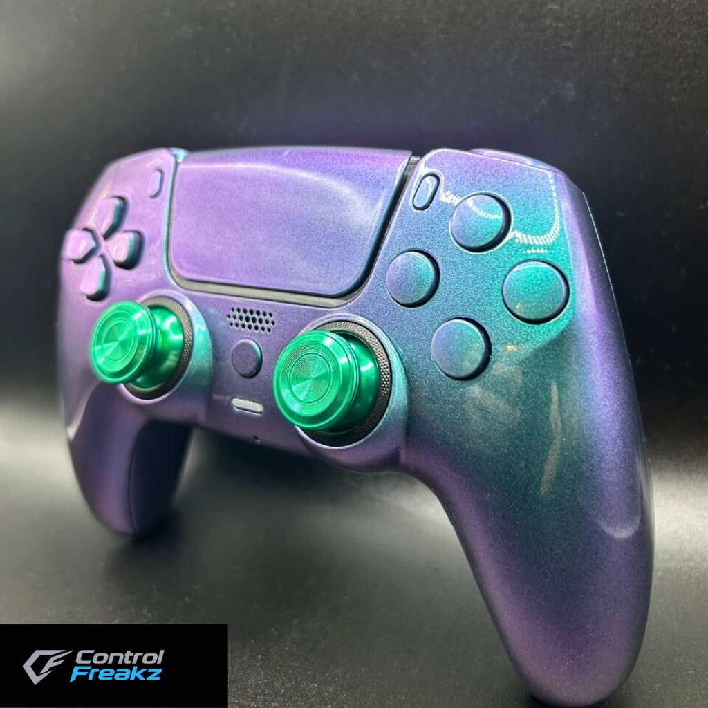 Custom ps5 performance controller UK by Control Freakz featuring Hall Effect TMR thumbsticks, mouse click triggers, rear paddles and competitive gaming upgrades.