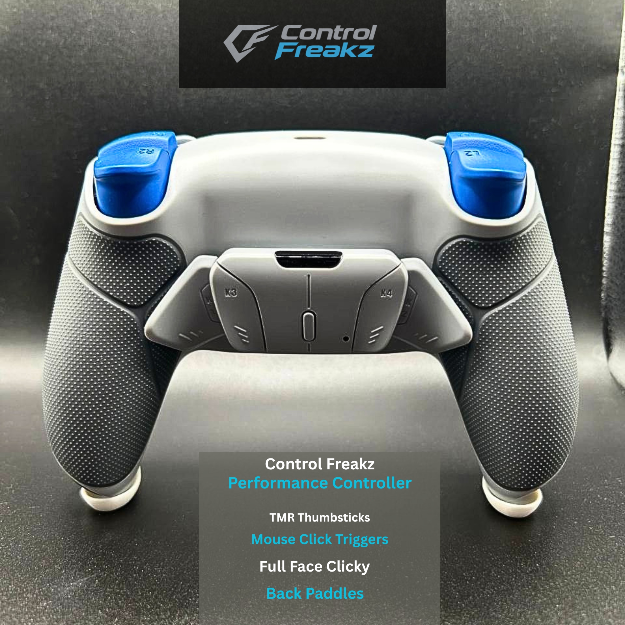 Custom ps5 performance controller UK by Control Freakz featuring Hall Effect TMR thumbsticks, mouse click triggers, rear paddles and competitive gaming upgrades.